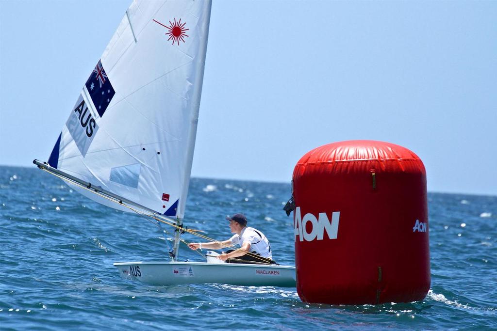 Race 4 winner Finnian Alexander (AUS) lines up the finish line Mens Laser Radial - Aon Youth Worlds 2016, Torbay, Auckland, New Zealand, Day 2 © Richard Gladwell www.photosport.co.nz